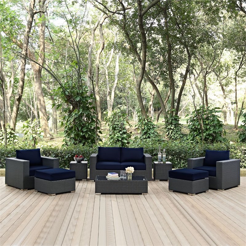 Modway Sojourn 8-Piece Aluminum and Rattan Patio Sectional Set in Canvas/Navy