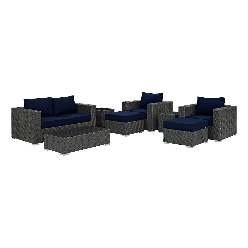 Modway Sojourn 8-Piece Aluminum and Rattan Patio Sectional Set in Canvas/Navy