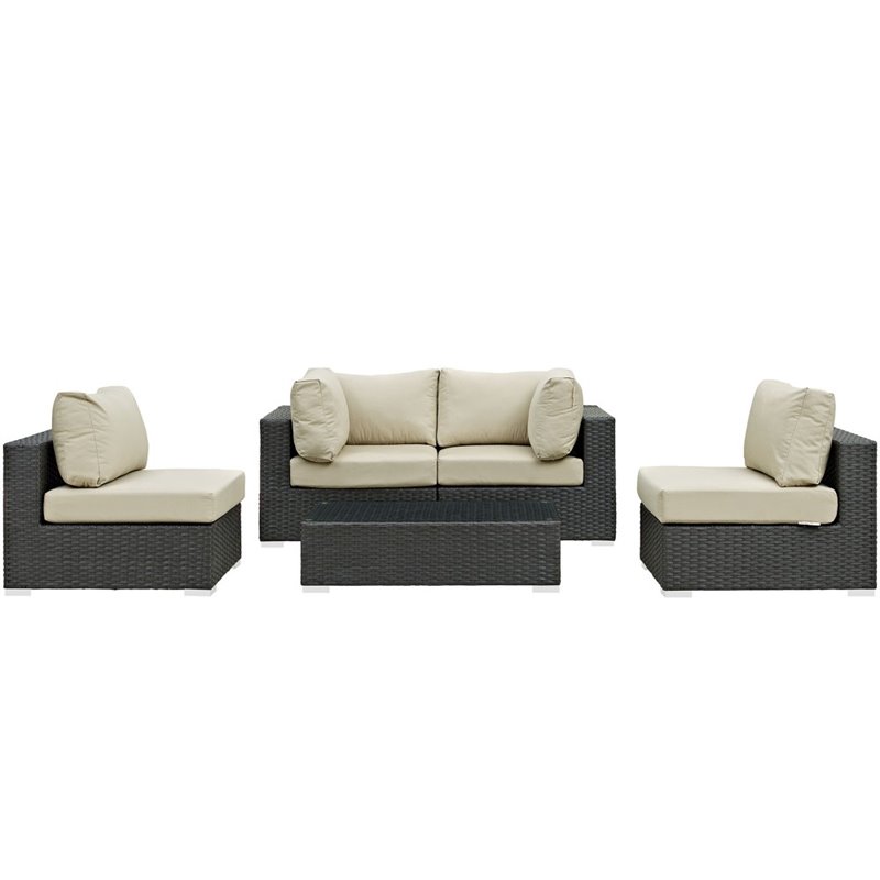 Modway Sojourn 5-Piece Aluminum Rattan Patio Sectional Set in Canvas/Beige