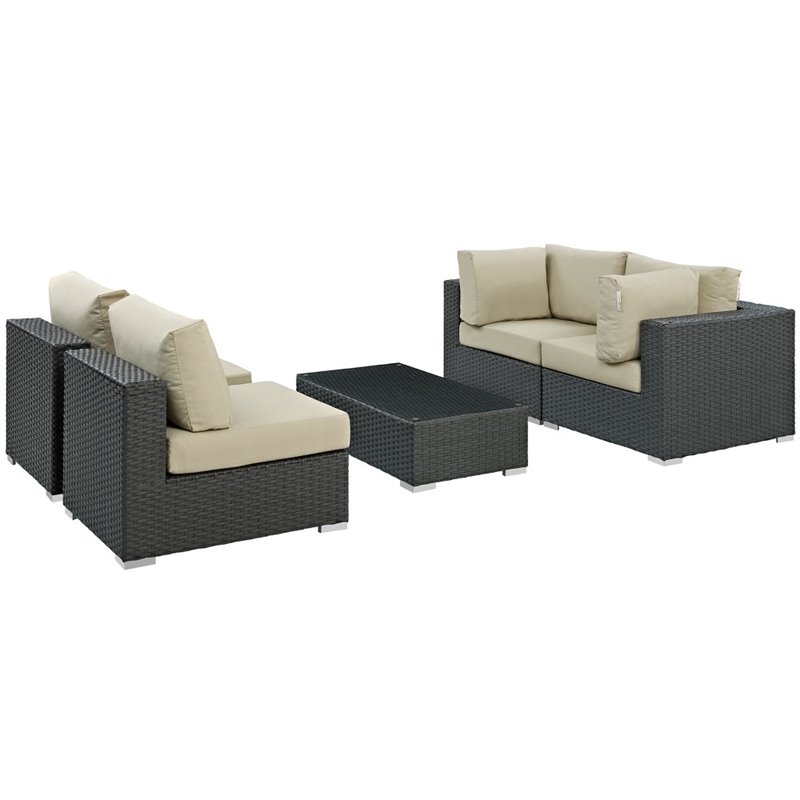 Modway Sojourn 5-Piece Aluminum Rattan Patio Sectional Set in Canvas/Beige