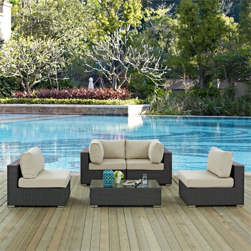 Modway Sojourn 5-Piece Aluminum Rattan Patio Sectional Set in Canvas/Beige