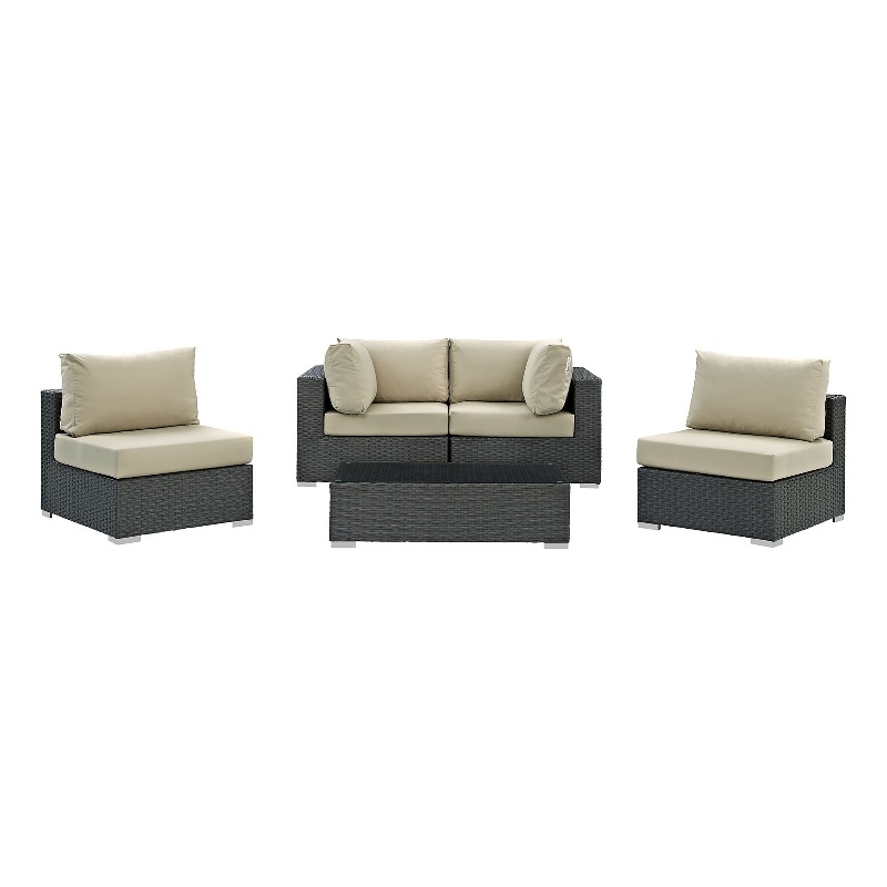 Modway Sojourn 5-Piece Aluminum Rattan Patio Sectional Set in Canvas/Beige