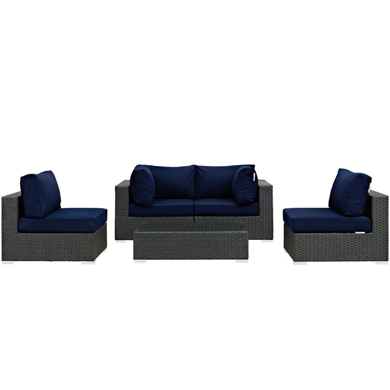 Modway Sojourn 5-Piece Aluminum and Rattan Patio Sectional Set - Canvas/Navy