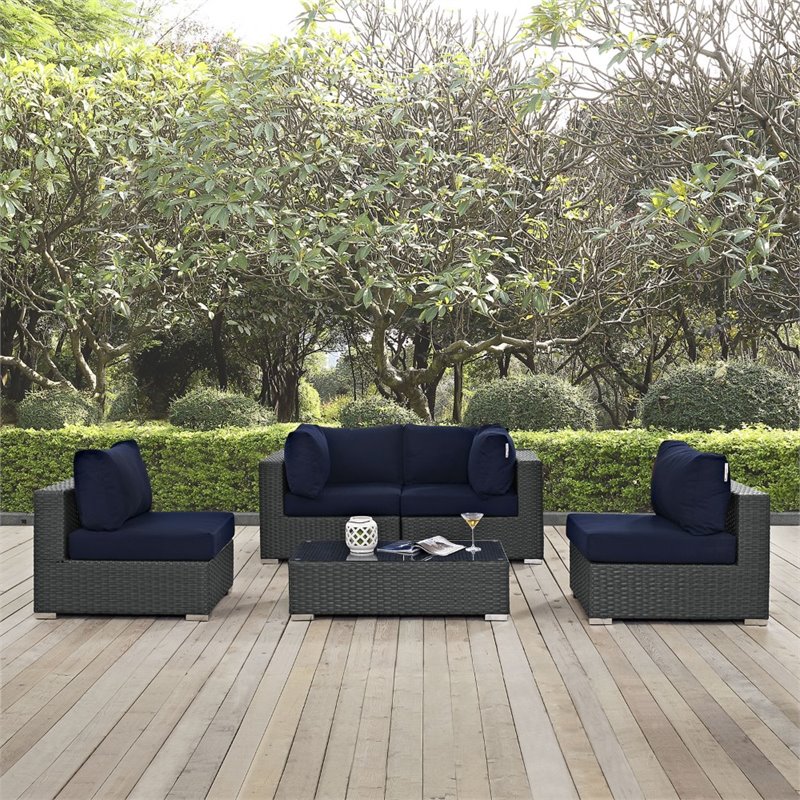 Modway Sojourn 5-Piece Aluminum and Rattan Patio Sectional Set - Canvas/Navy