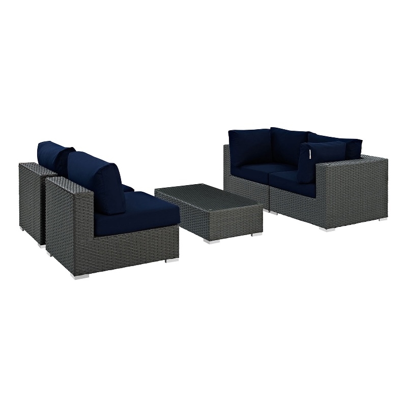 Modway Sojourn 5-Piece Aluminum and Rattan Patio Sectional Set - Canvas/Navy