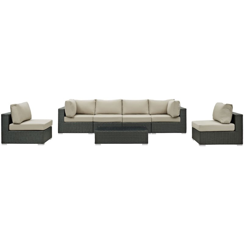 Modway Sojourn 7-Piece Aluminum and Rattan Patio Sectional Set in Canvas/Beige