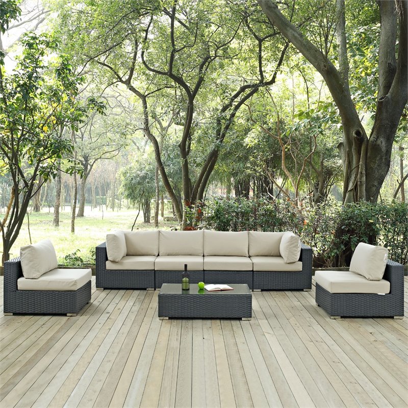 Modway Sojourn 7-Piece Aluminum and Rattan Patio Sectional Set in Canvas/Beige