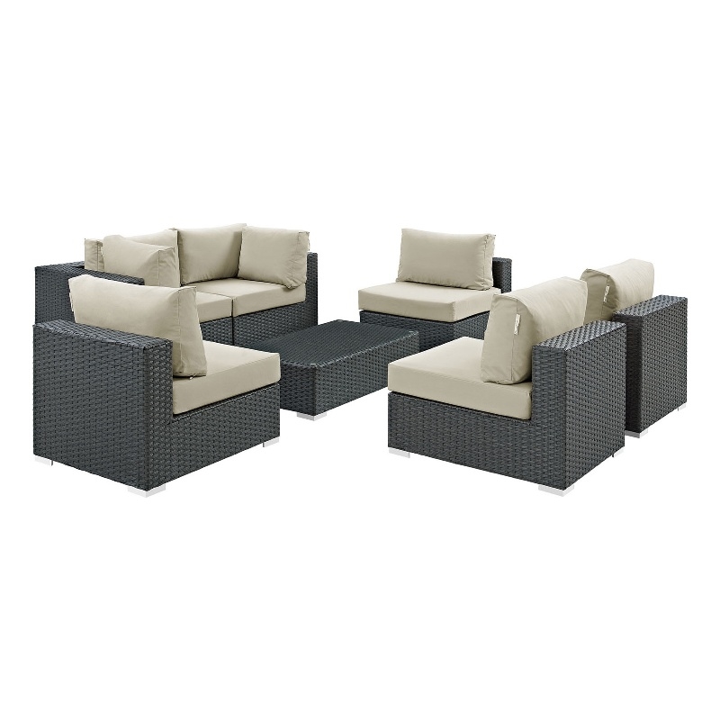 Modway Sojourn 7-Piece Aluminum and Rattan Patio Sectional Set in Canvas/Beige
