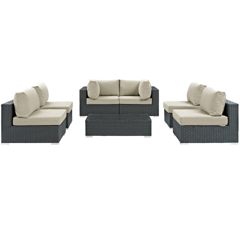 Modway Sojourn 7-Piece Aluminum and Rattan Patio Sectional Set in Canvas/Beige