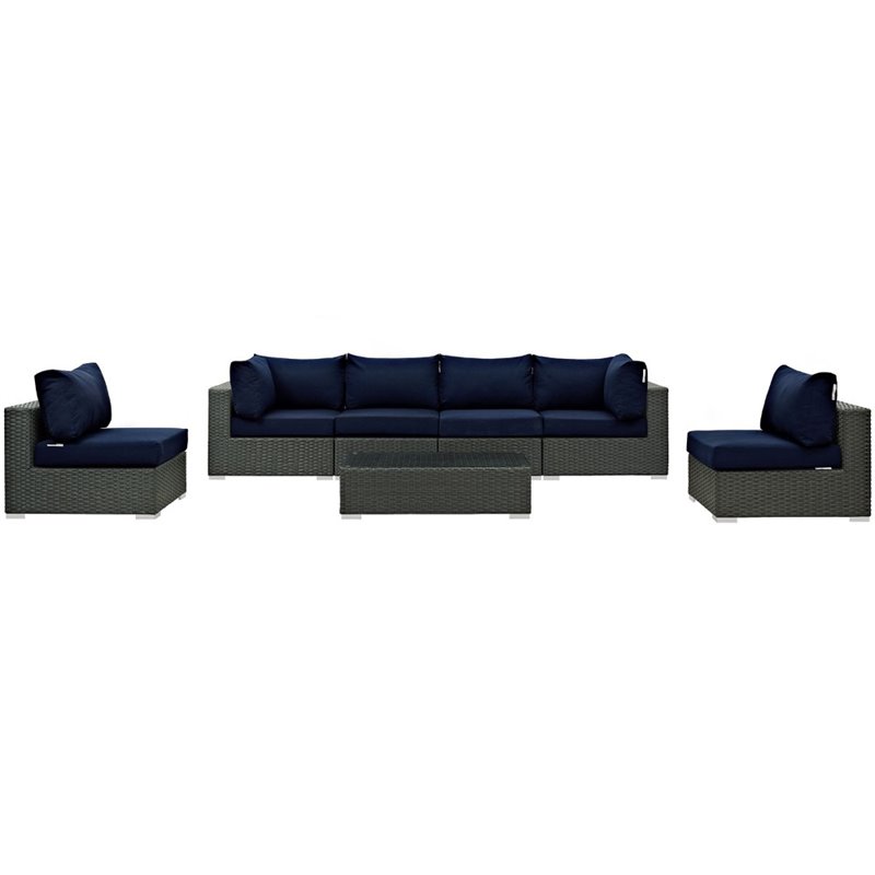 Modway Sojourn 7-Piece Aluminum and Rattan Patio Sectional Set in Canvas/Navy