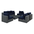 Modway Sojourn 7-Piece Aluminum and Rattan Patio Sectional Set in Canvas/Navy