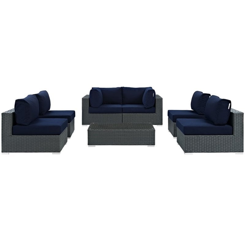 Modway Sojourn 7-Piece Aluminum and Rattan Patio Sectional Set in Canvas/Navy