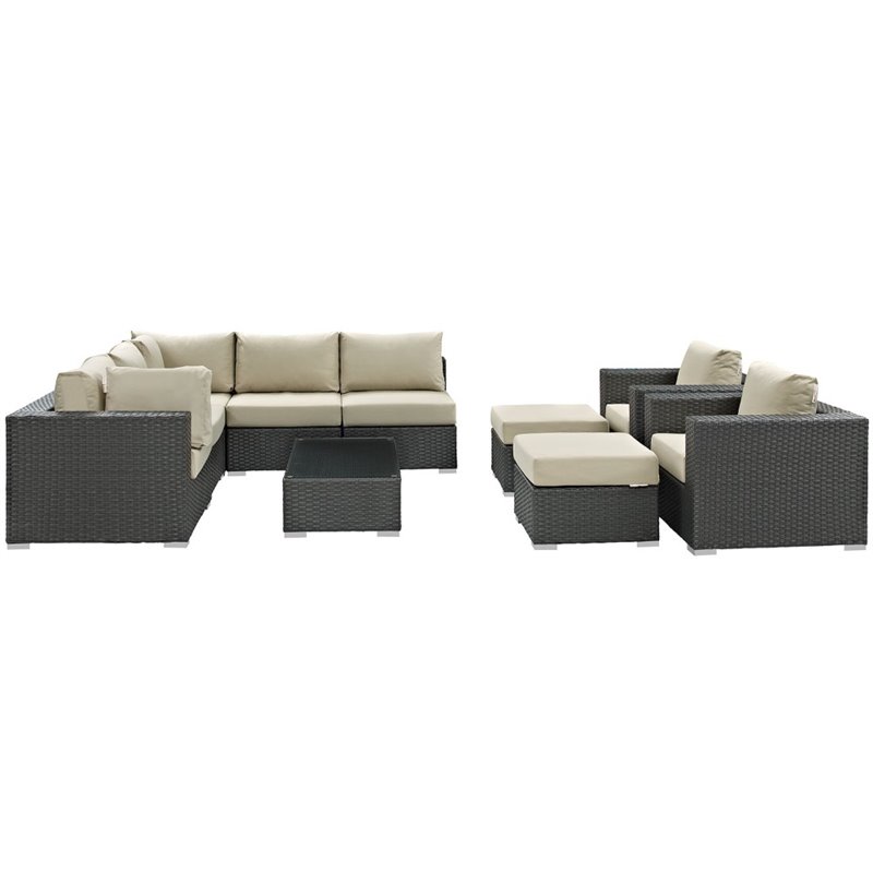 Modway Sojourn 10-Piece Aluminum and Rattan Patio Sectional Set in Canvas/Beige