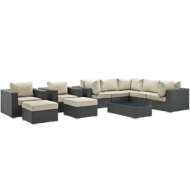 Modway Sojourn 10-Piece Aluminum and Rattan Patio Sectional Set in Canvas/Beige
