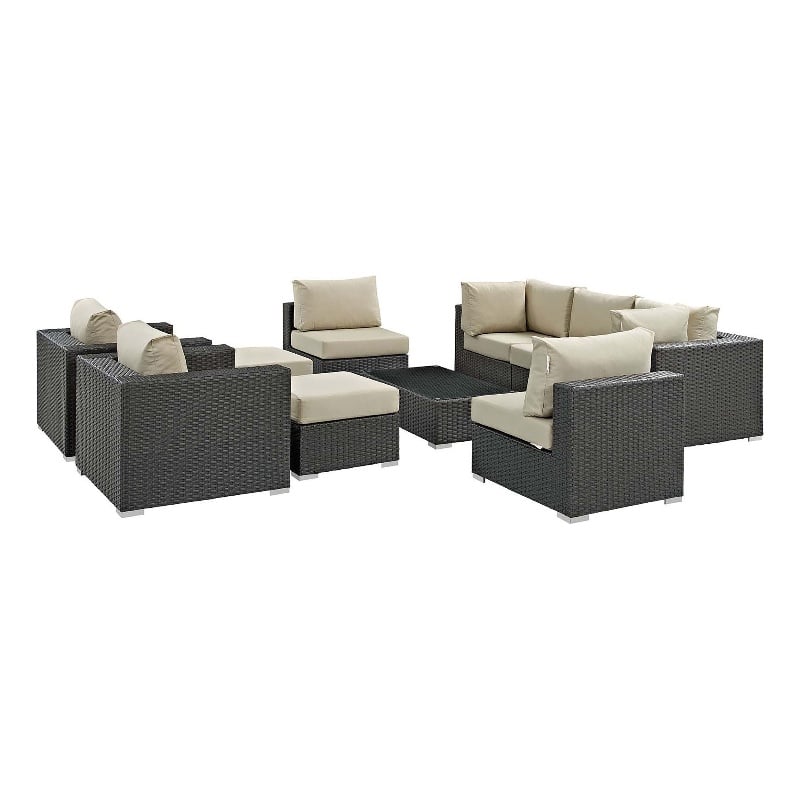 Modway Sojourn 10-Piece Aluminum and Rattan Patio Sectional Set in Canvas/Beige