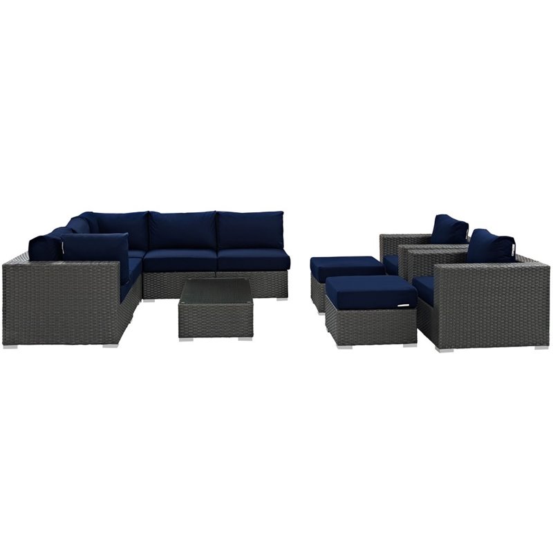 Modway Sojourn 10-Piece Aluminum and Rattan Patio Sectional Set in Canvas/Navy