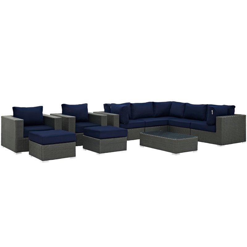 Modway Sojourn 10-Piece Aluminum and Rattan Patio Sectional Set in Canvas/Navy