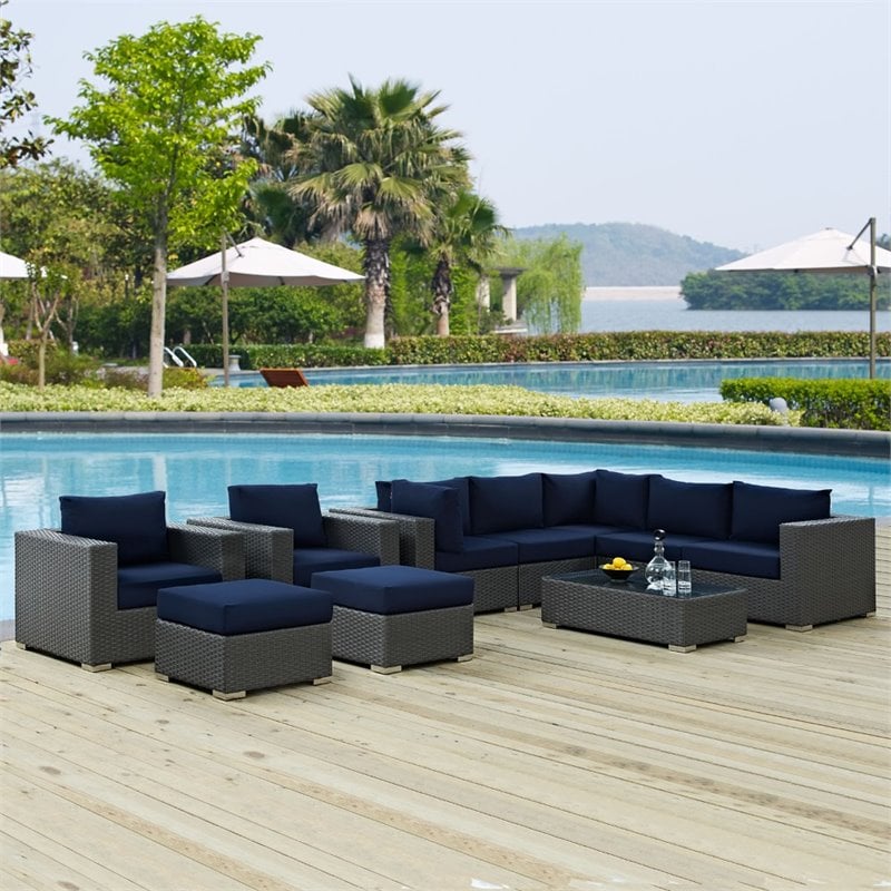 Modway Sojourn 10-Piece Aluminum and Rattan Patio Sectional Set in Canvas/Navy