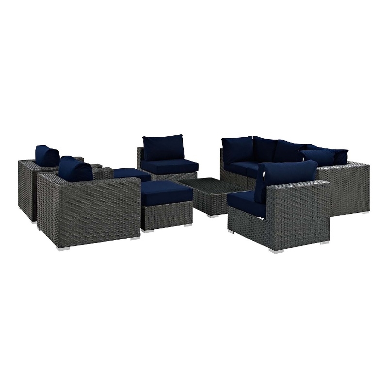 Modway Sojourn 10-Piece Aluminum and Rattan Patio Sectional Set in Canvas/Navy