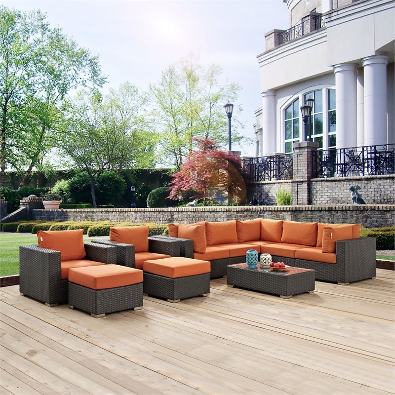 Modway Sojourn 10-Piece Aluminum and Rattan Patio Sectional Set in Canvas/Tuscan
