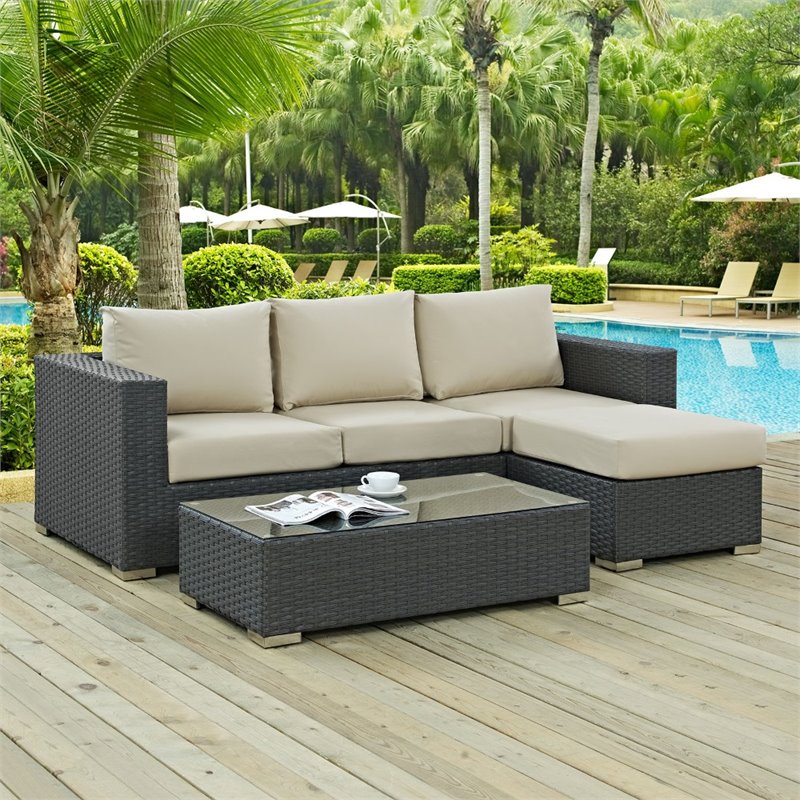 Modway Sojourn 3-Piece Aluminum Rattan Patio Sectional Set in Canvas/Beige