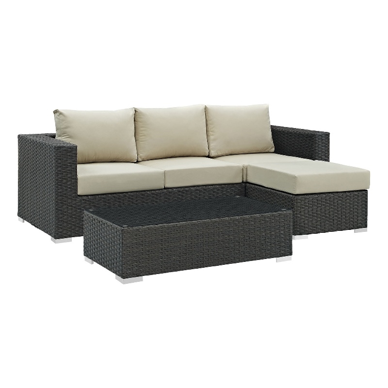 Modway Sojourn 3-Piece Aluminum Rattan Patio Sectional Set in Canvas/Beige