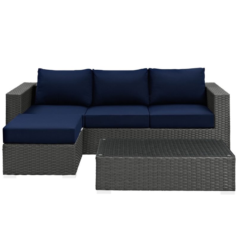 Modway Sojourn 3-Piece Aluminum Rattan Patio Sectional Set in Canvas/Navy