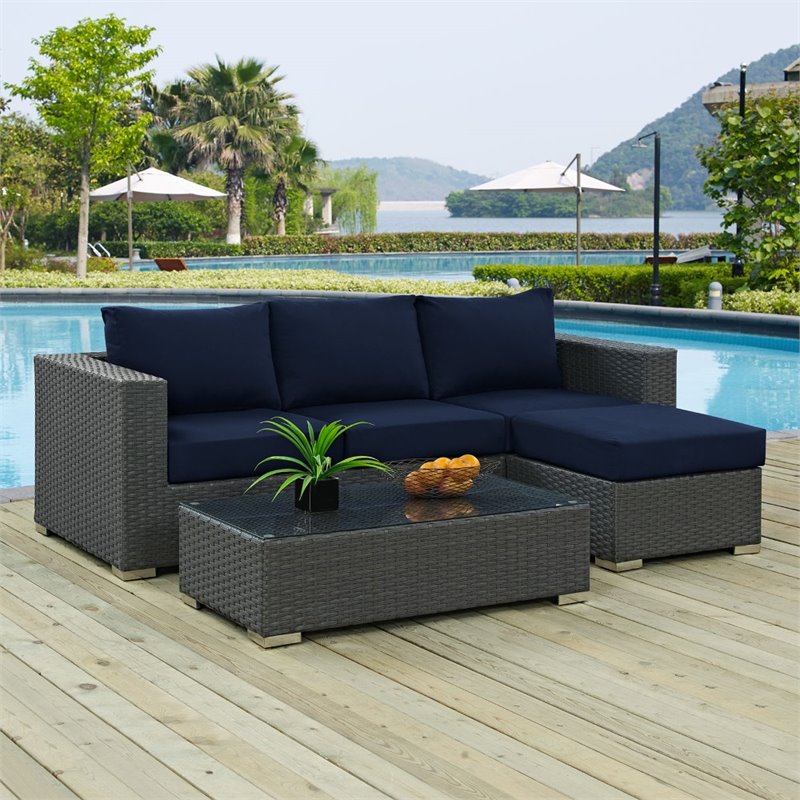 Modway Sojourn 3-Piece Aluminum Rattan Patio Sectional Set in Canvas/Navy