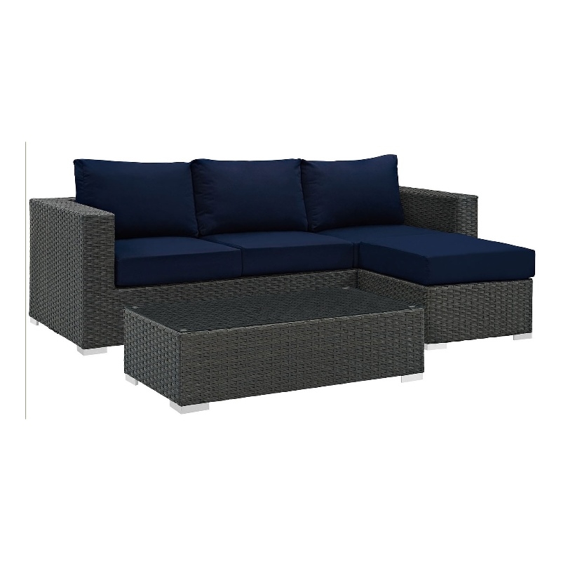 Modway Sojourn 3-Piece Aluminum Rattan Patio Sectional Set in Canvas/Navy