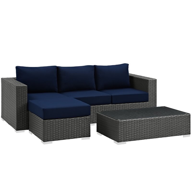 Modway Sojourn 3-Piece Aluminum Rattan Patio Sectional Set in Canvas/Navy
