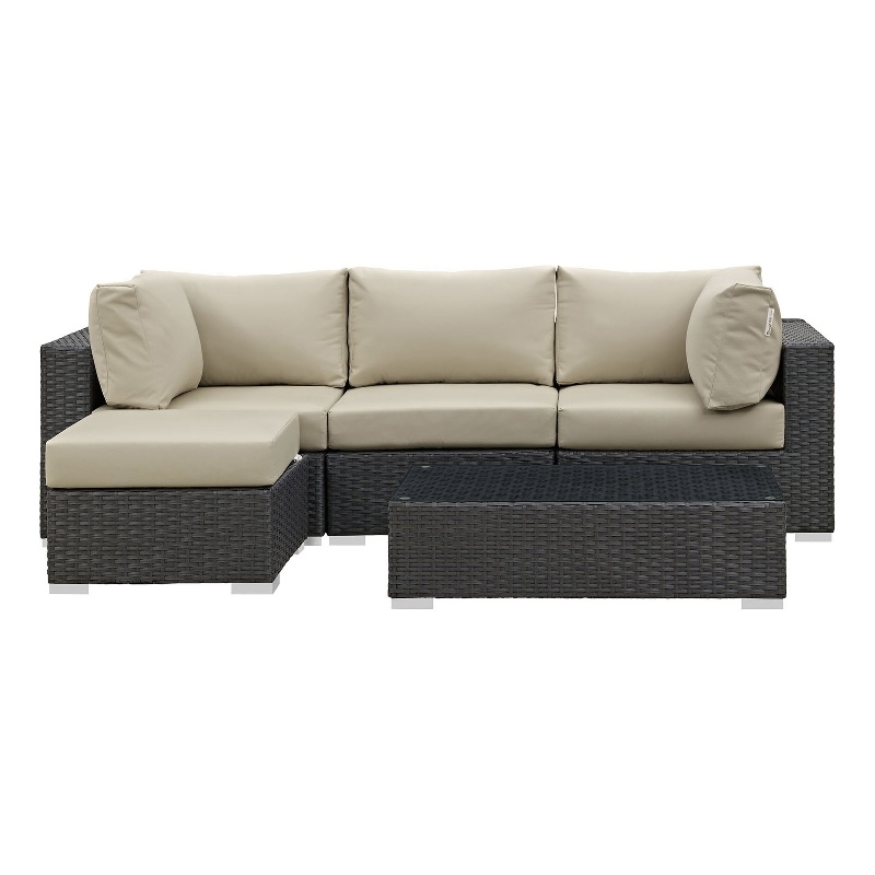 Modway Sojourn 5-Piece Aluminum and Rattan Patio Sectional Set in Canvas/Beige