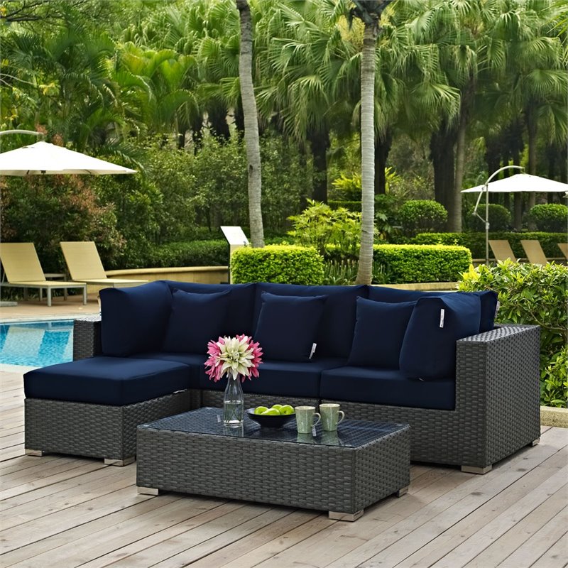 Modway Sojourn 5-Piece Aluminum and Rattan Patio Sectional Set in Canvas/Navy