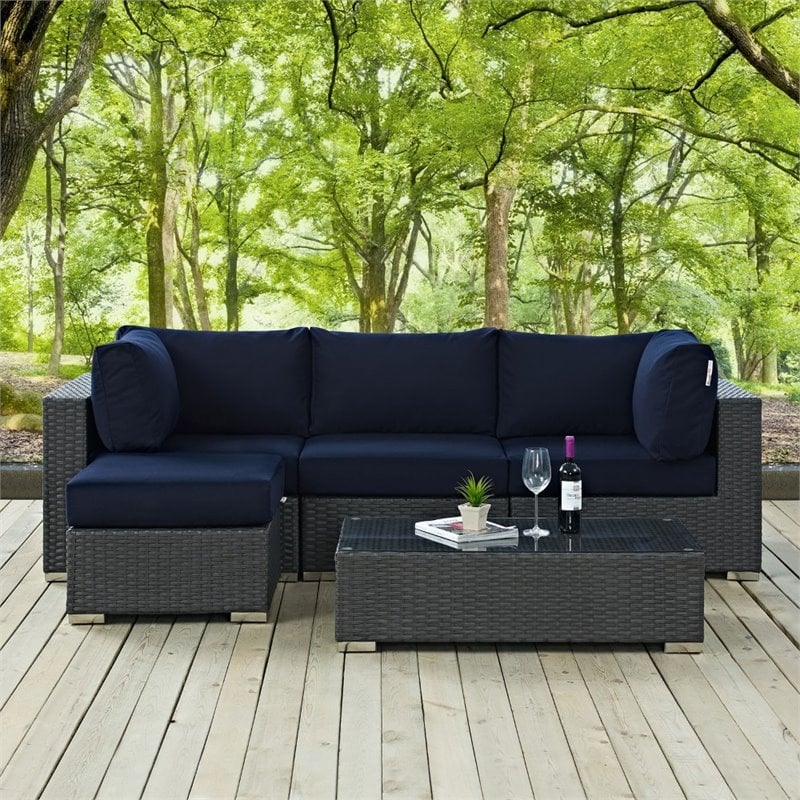 Modway Sojourn 5-Piece Aluminum and Rattan Patio Sectional Set in Canvas/Navy