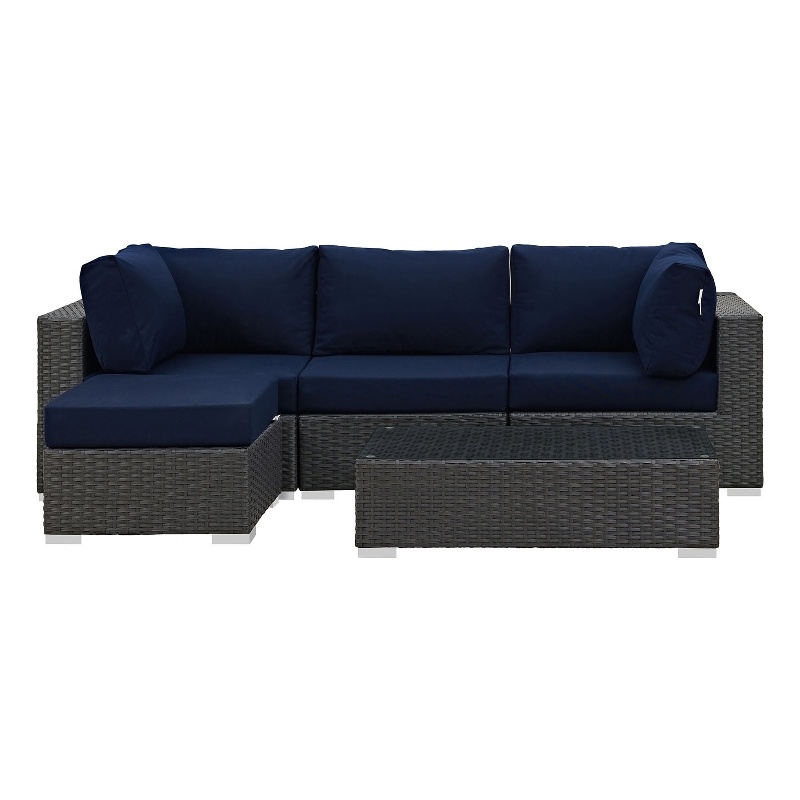 Modway Sojourn 5-Piece Aluminum and Rattan Patio Sectional Set in Canvas/Navy
