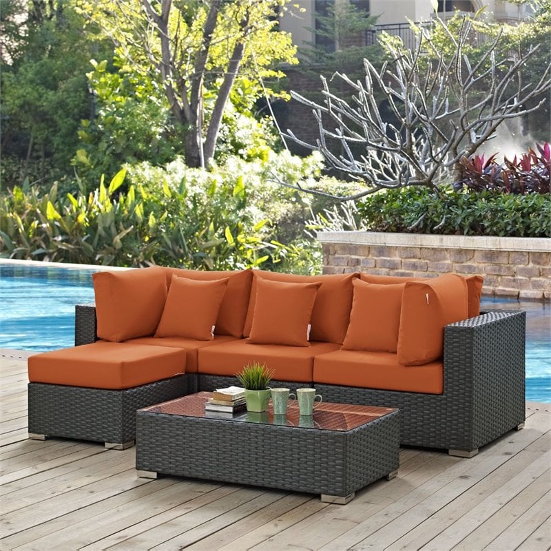 Modway Sojourn 5-Piece Aluminum and Rattan Patio Sectional Set in Canvas/Tuscan
