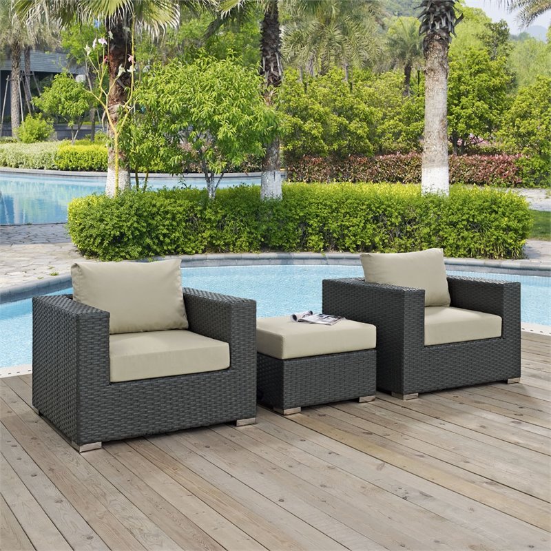 Modway Sojourn 3-Piece Aluminum and Rattan Patio Sectional Set in Canvas/Beige