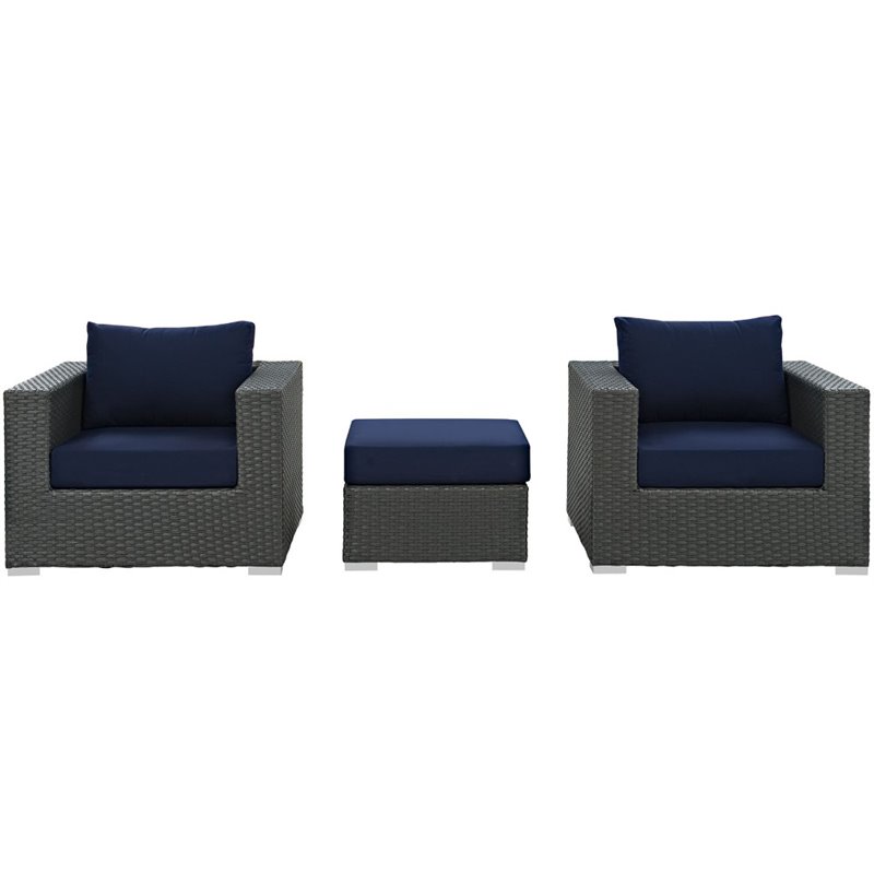 Modway Sojourn 3-Piece Aluminum and Rattan Patio Sectional Set in Canvas/Navy