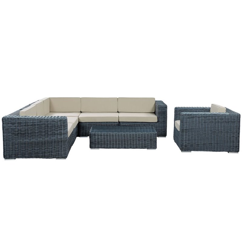 Modway Summon 7-Piece Aluminum Rattan Patio Sectional Set in Canvas/Beige
