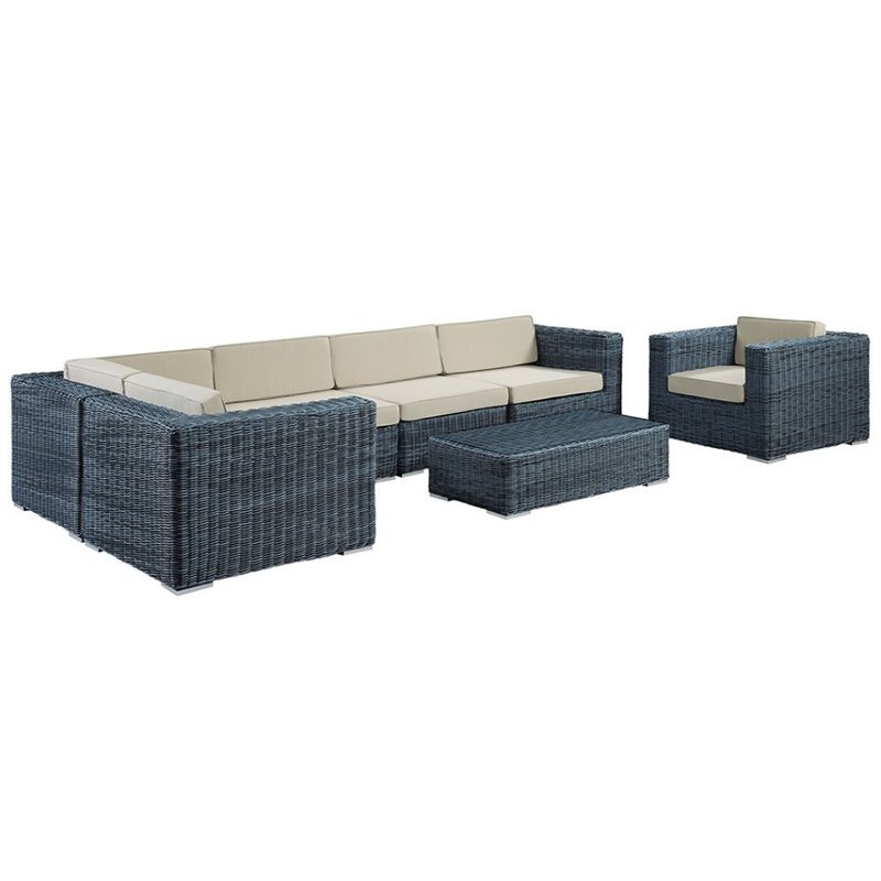 Modway Summon 7-Piece Aluminum Rattan Patio Sectional Set in Canvas/Beige