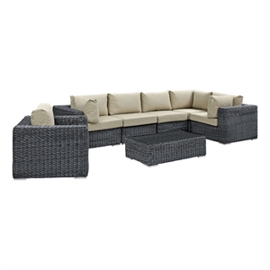 Modway Summon 7-Piece Aluminum Rattan Patio Sectional Set in Canvas/Beige