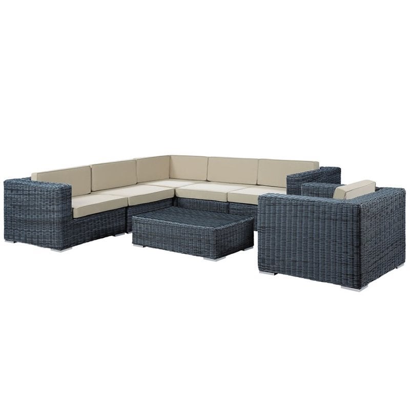 Modway Summon 7-Piece Aluminum Rattan Patio Sectional Set in Canvas/Beige