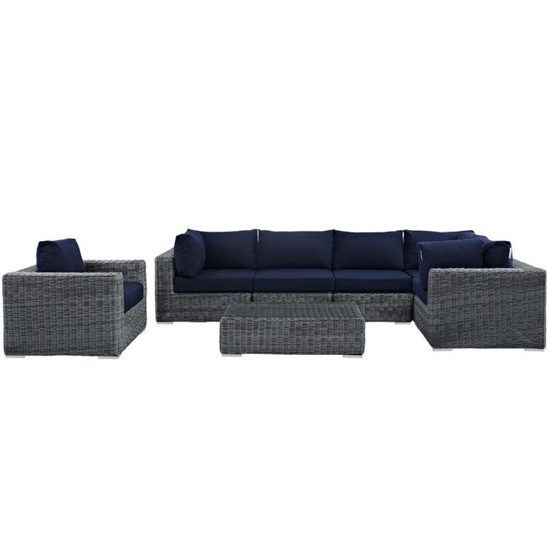Modway Summon 7-Piece Aluminum Rattan Patio Sectional Set in Canvas/Navy