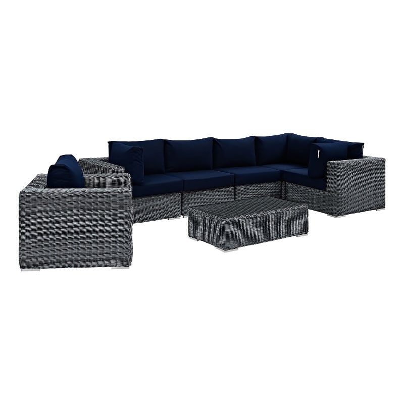 Modway Summon 7-Piece Aluminum Rattan Patio Sectional Set in Canvas/Navy