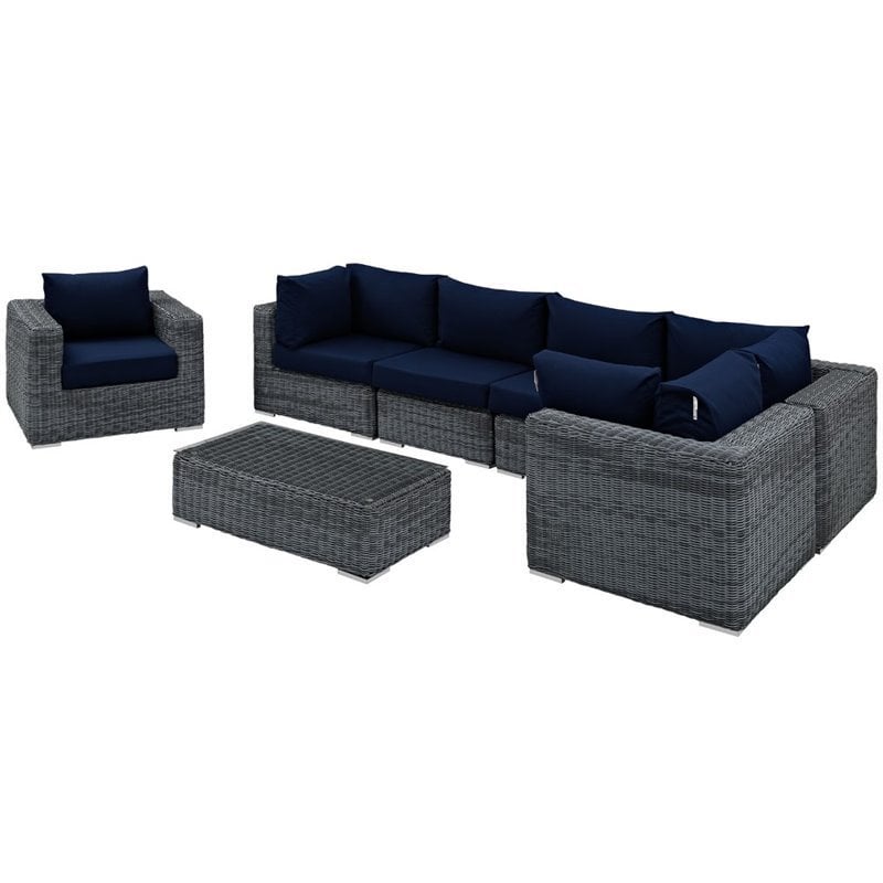 Modway Summon 7-Piece Aluminum Rattan Patio Sectional Set in Canvas/Navy