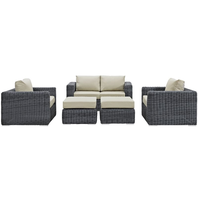 Modway Summon 5-Piece Aluminum Rattan Patio Sectional Set in Canvas/Beige