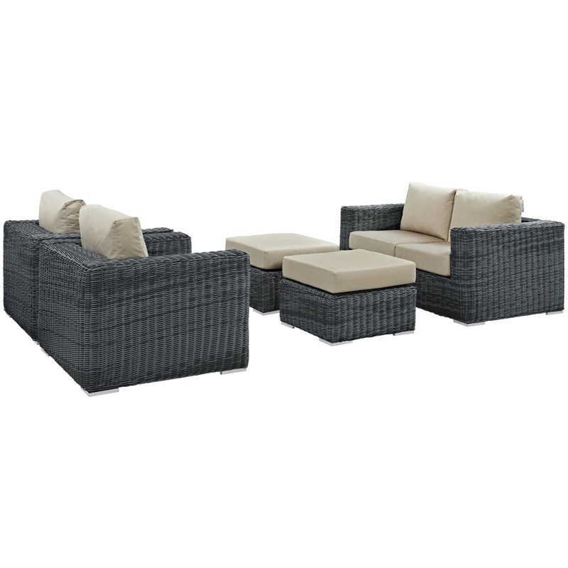 Modway Summon 5-Piece Aluminum Rattan Patio Sectional Set in Canvas/Beige