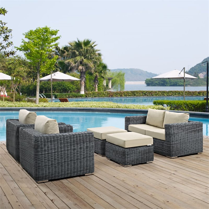 Modway Summon 5-Piece Aluminum Rattan Patio Sectional Set in Canvas/Beige