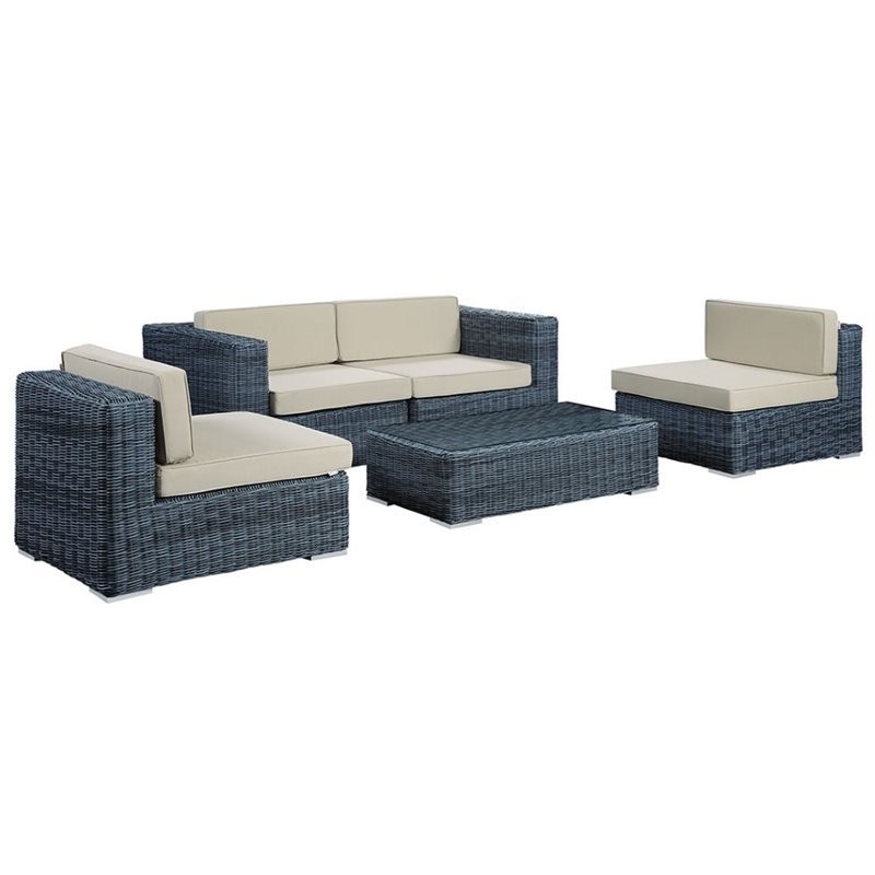 Modway Summon 5-Piece Aluminum and Rattan Patio Sectional Set - Canvas/Beige