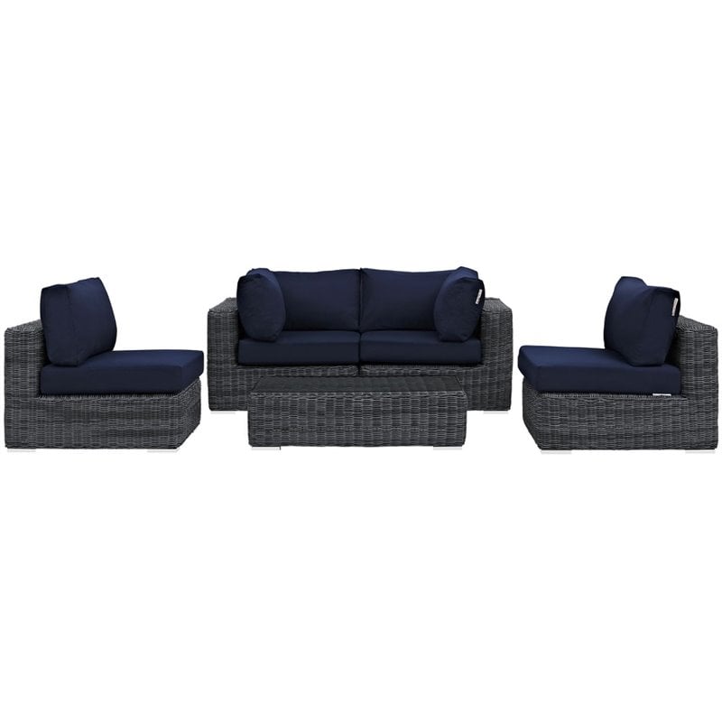 Modway Summon 5-Piece Aluminum Rattan Patio Sectional Set - Canvas/Navy