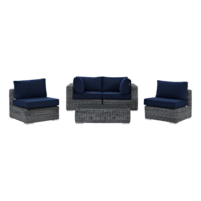 Modway Summon 5-Piece Aluminum Rattan Patio Sectional Set - Canvas/Navy